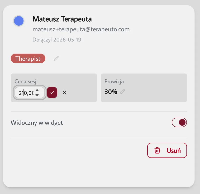 Edycja prowizji i widget toggle
