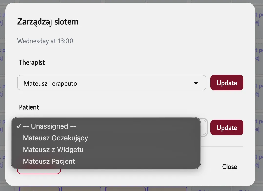 Menu zarządzania slotem